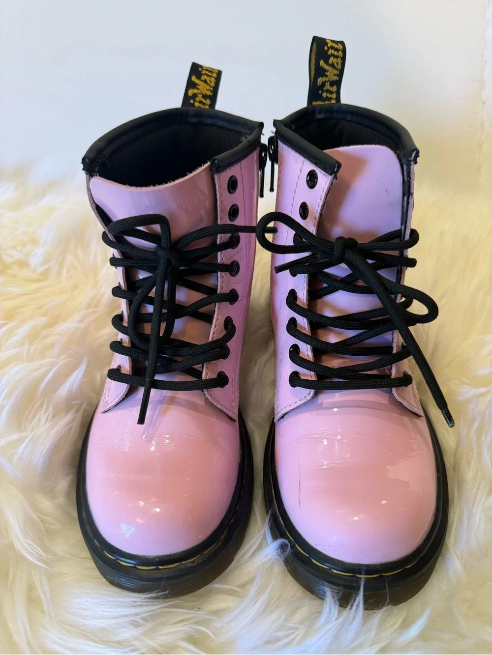 Dr. Martens Pink Patent Lace-Up Combat Boots with Black Laces kids